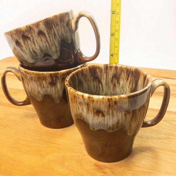 Vtg Brown Drip Glaze Coffee Cups Set of 3 - Picture 7 of 8